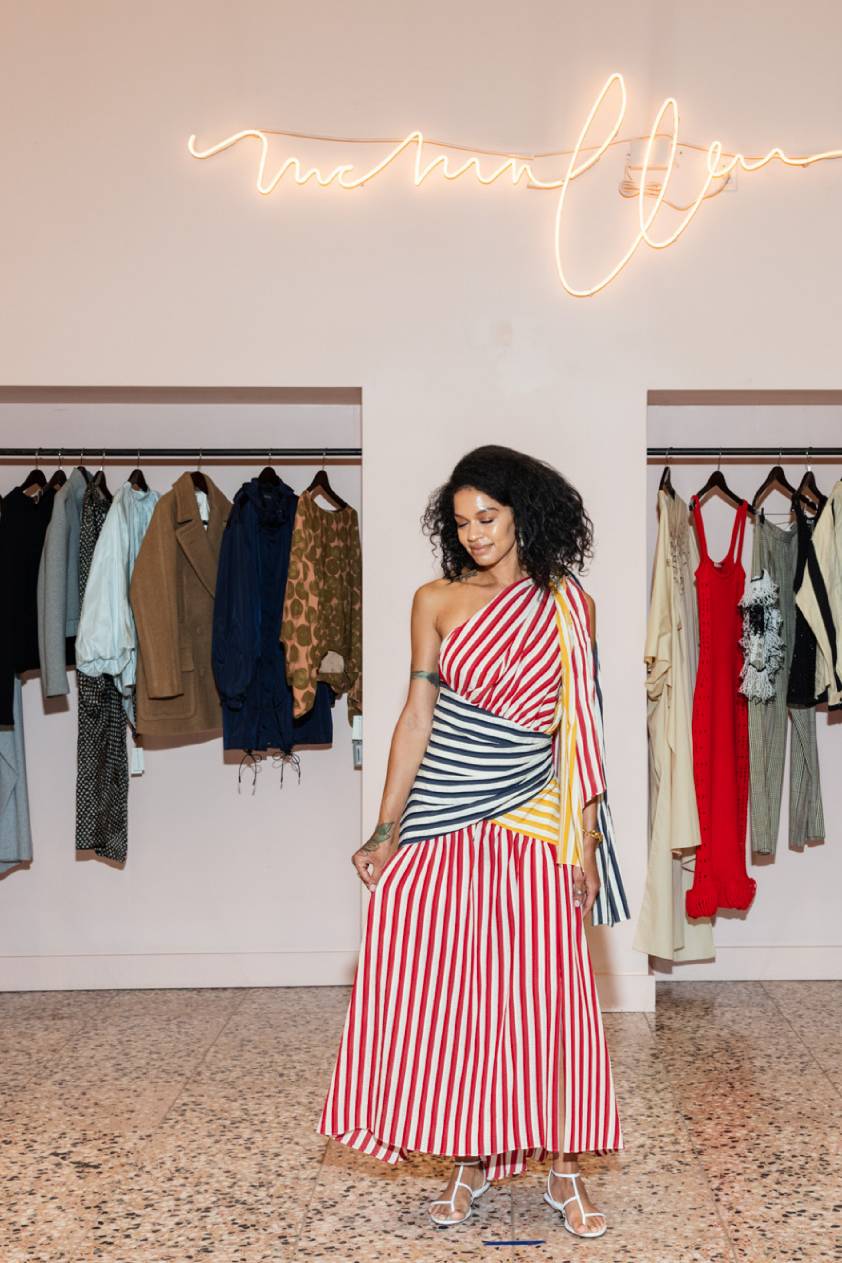 One Shoulder Stripe Seersucker Dress