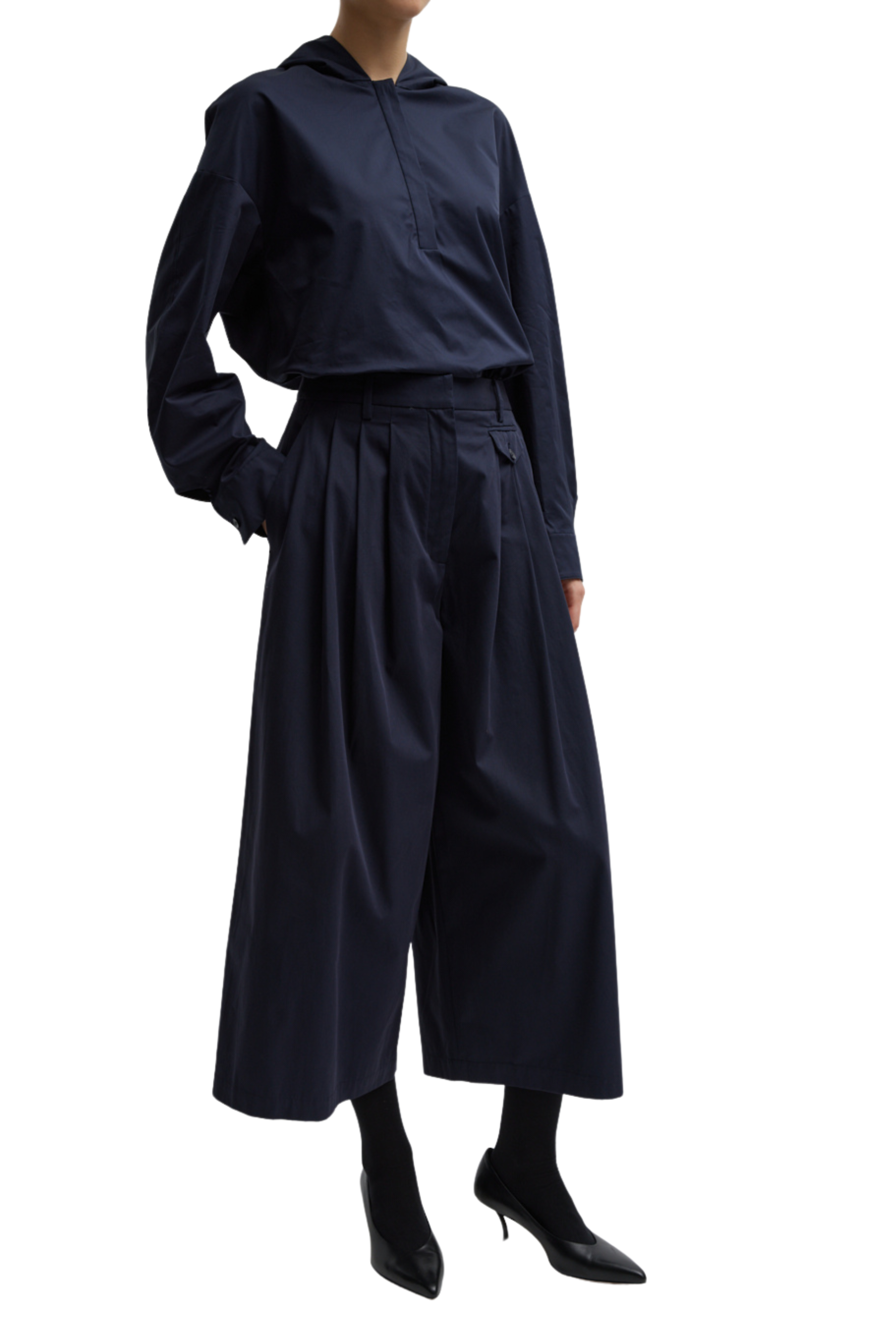 Triple Pleat Cropped Navy Pants