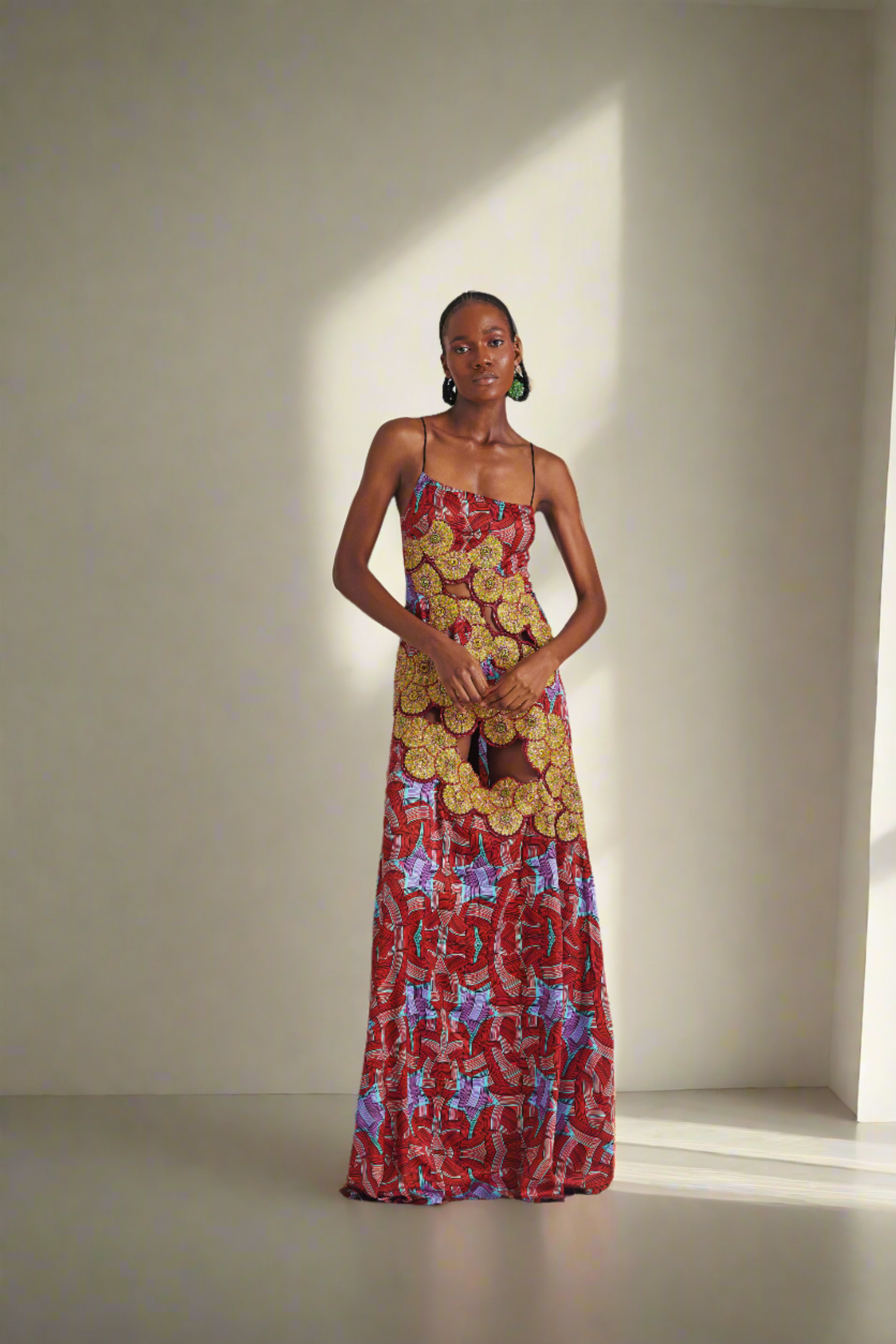 LISA FOLAWIYO Printed Silk Cut Out Maxi Dress