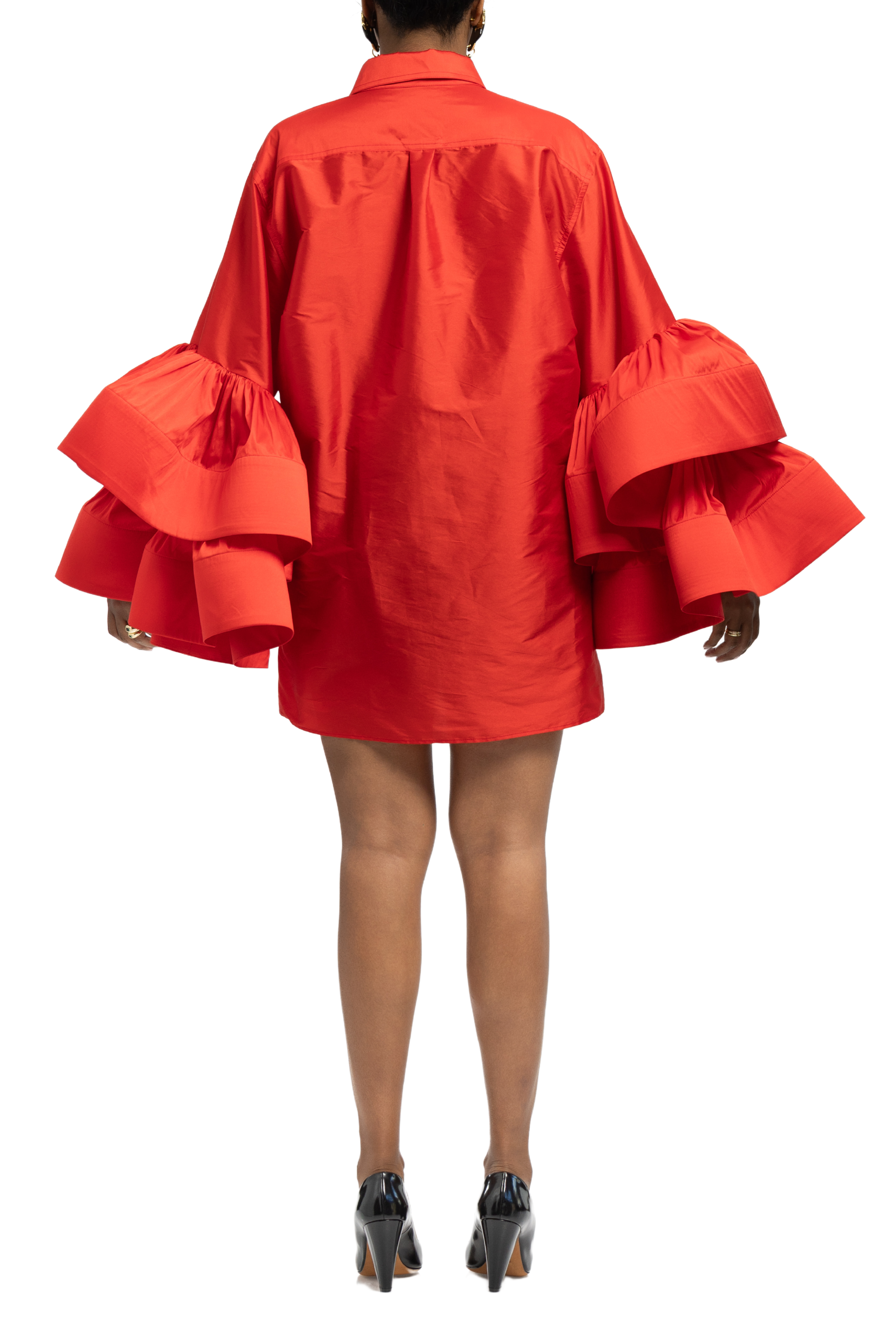 CHRISTOPHER JOHN ROGERS Silk Jumbo Ruffle Sleeve Mini Shirt Dress